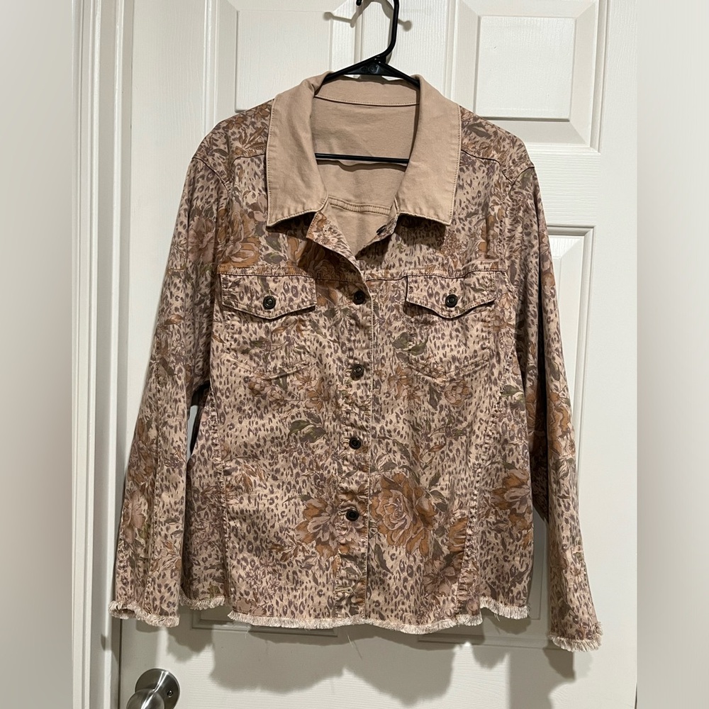DIANE GILMAN Floral Leopard Print Button-Up Jacket in Taupe and Beige SZ 3X - Picture 3 of 9